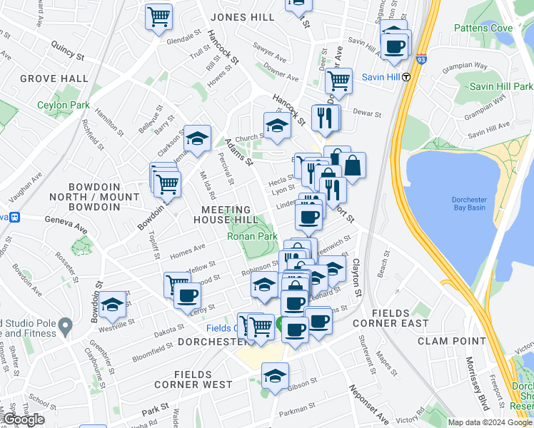 map of restaurants, bars, coffee shops, grocery stores, and more near 107 Adams Street in Boston