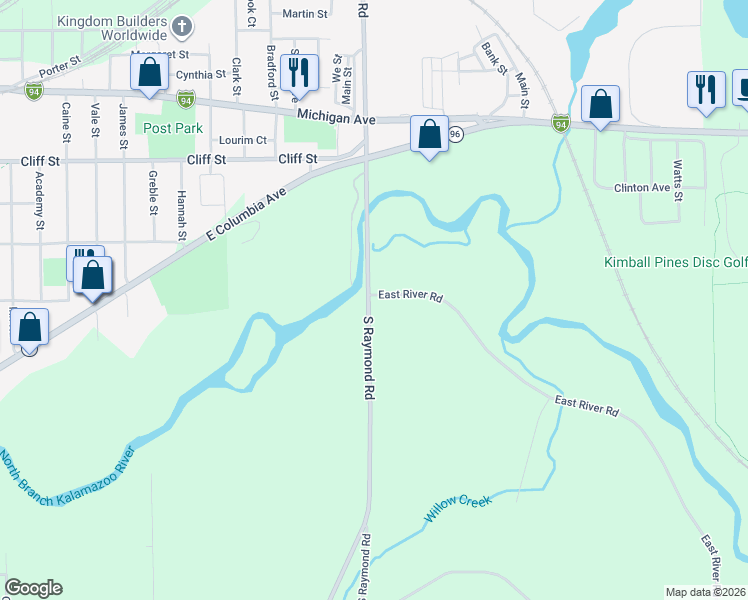 map of restaurants, bars, coffee shops, grocery stores, and more near 847 South Raymond Road in Battle Creek