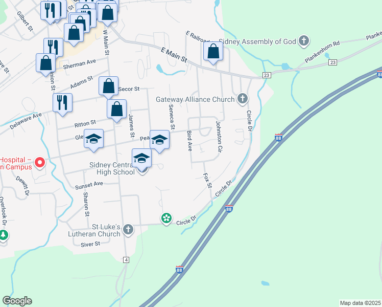 map of restaurants, bars, coffee shops, grocery stores, and more near 245 Bird Avenue in Sidney