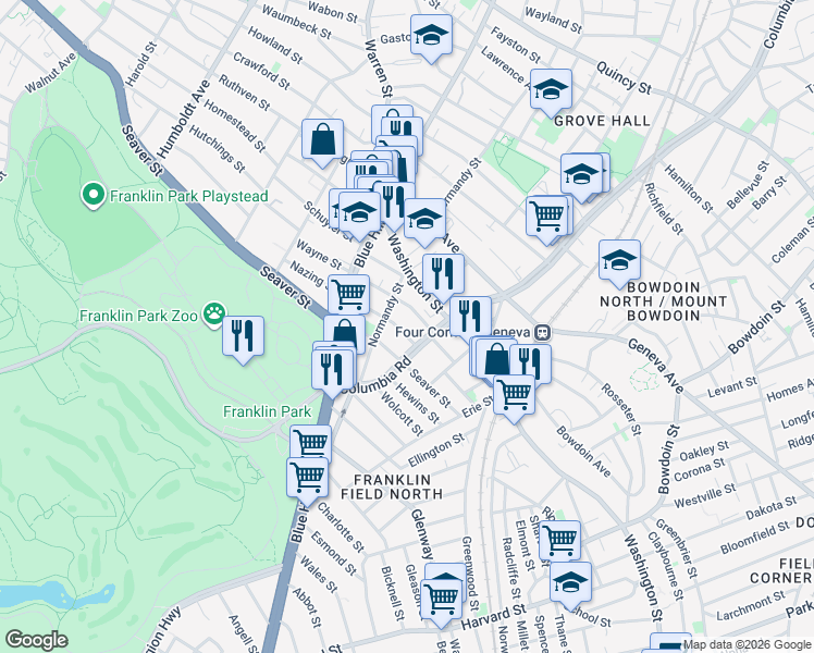 map of restaurants, bars, coffee shops, grocery stores, and more near 2 Pasadena Road in Boston