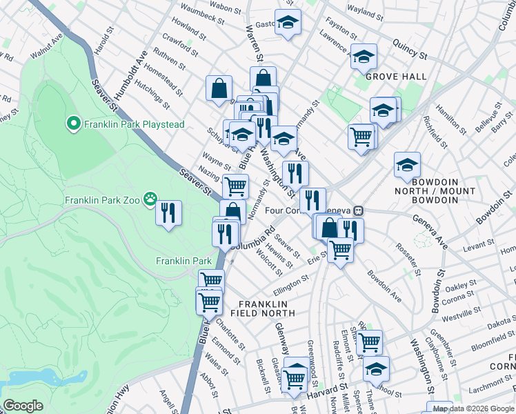 map of restaurants, bars, coffee shops, grocery stores, and more near 349 Seaver Street in Boston