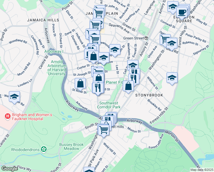 map of restaurants, bars, coffee shops, grocery stores, and more near 22 Rosemary Street in Boston