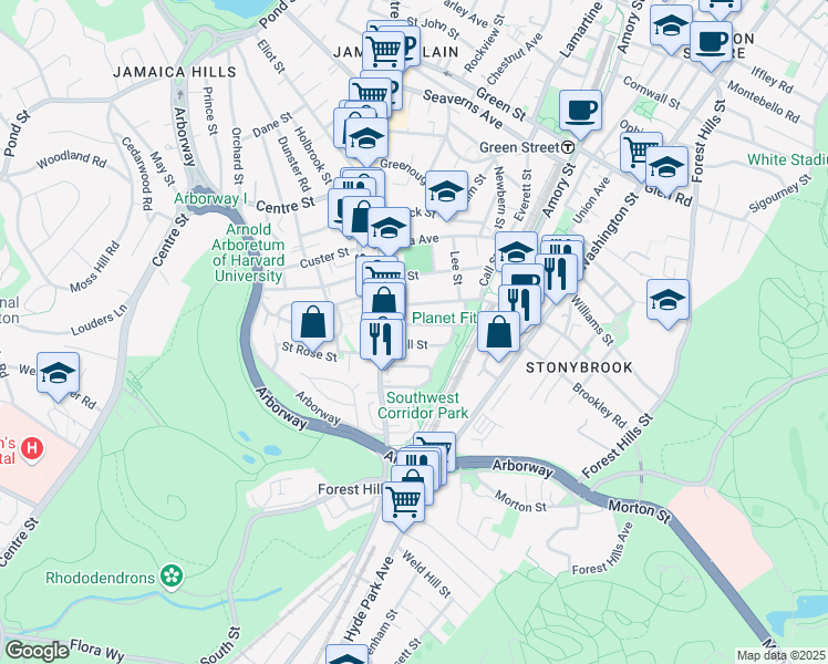 map of restaurants, bars, coffee shops, grocery stores, and more near 22 Rosemary Street in Boston