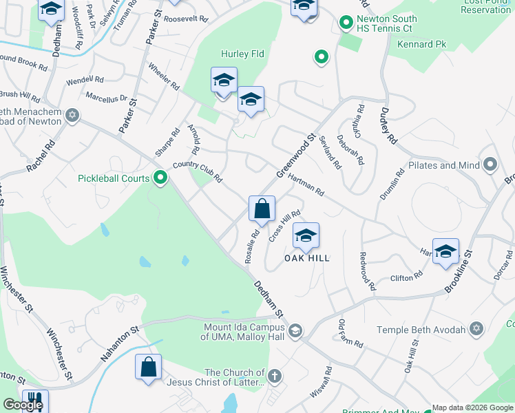 map of restaurants, bars, coffee shops, grocery stores, and more near 60 Rosalie Road in Newton