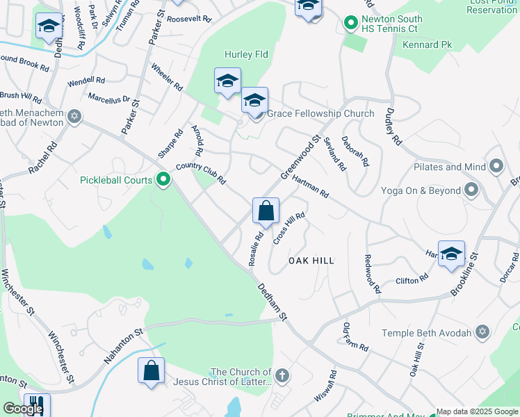 map of restaurants, bars, coffee shops, grocery stores, and more near 60 Rosalie Road in Newton