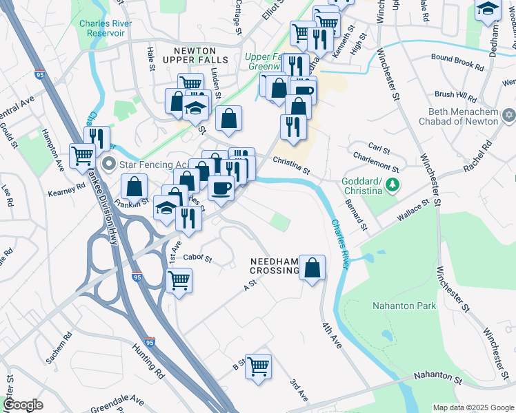 map of restaurants, bars, coffee shops, grocery stores, and more near in Needham