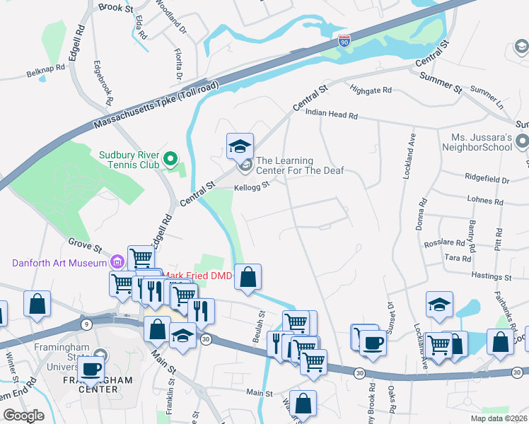 map of restaurants, bars, coffee shops, grocery stores, and more near 5 Childs Circle in Framingham