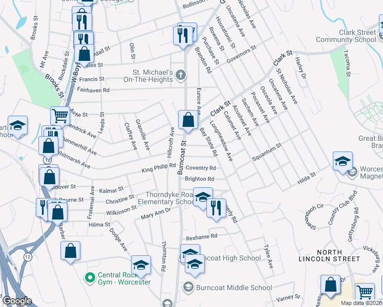 map of restaurants, bars, coffee shops, grocery stores, and more near 11 Coventry Road in Worcester