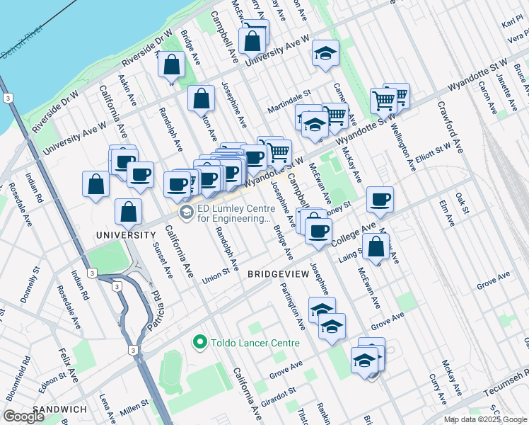 map of restaurants, bars, coffee shops, grocery stores, and more near 737 Partington Avenue in Windsor
