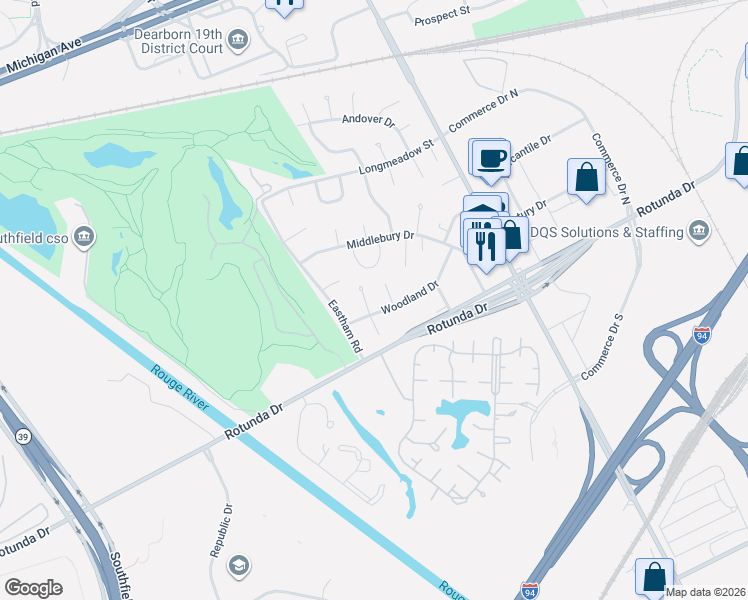 map of restaurants, bars, coffee shops, grocery stores, and more near 5 Berwick Lane in Dearborn