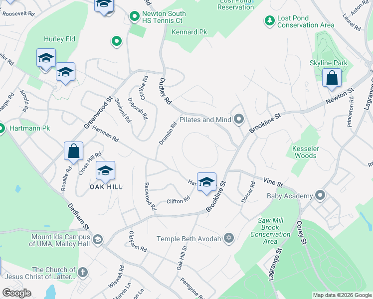map of restaurants, bars, coffee shops, grocery stores, and more near 128 Baldpate Hill Road in Newton