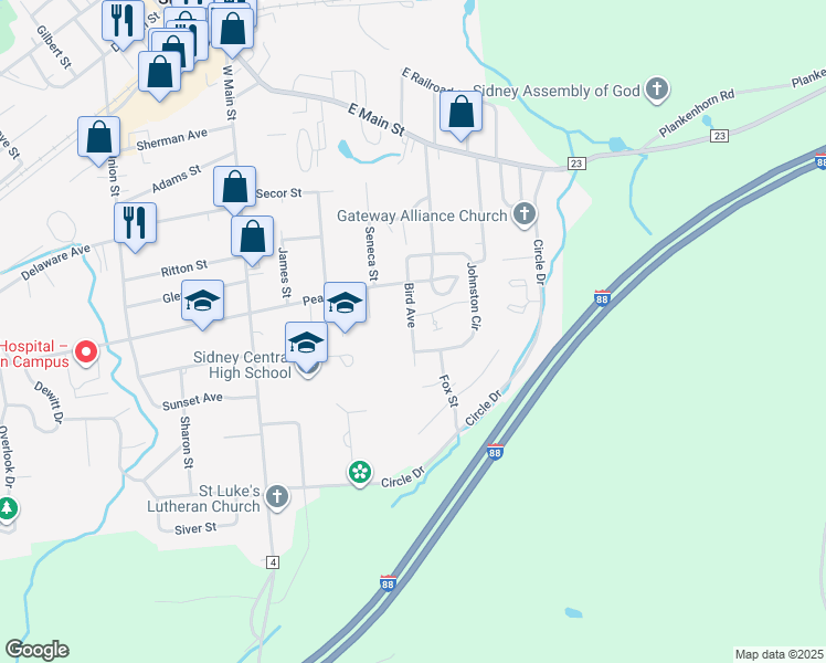 map of restaurants, bars, coffee shops, grocery stores, and more near 245 Bird Avenue in Sidney