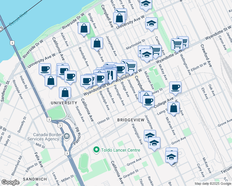 map of restaurants, bars, coffee shops, grocery stores, and more near 681 Partington Avenue in Windsor