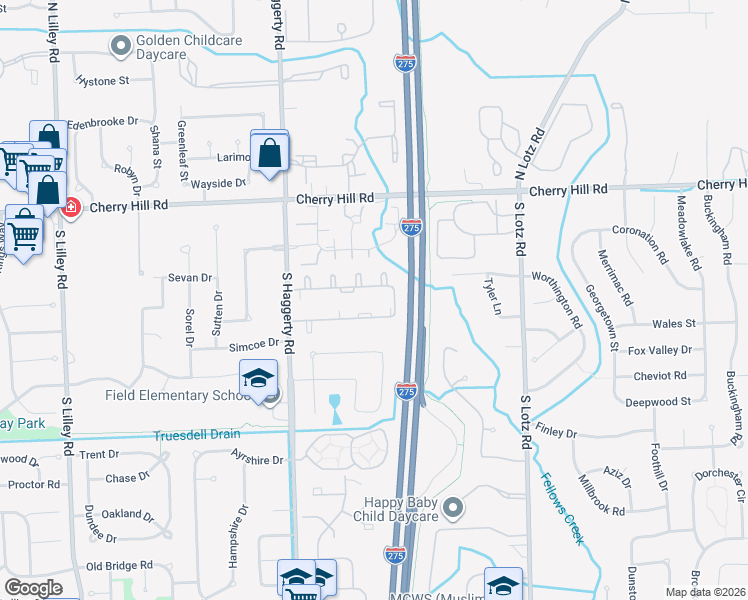 map of restaurants, bars, coffee shops, grocery stores, and more near 41218 Southwind Drive in Canton