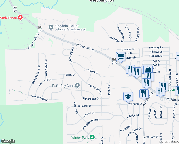 map of restaurants, bars, coffee shops, grocery stores, and more near 612 Santa Fe Drive in Freeport