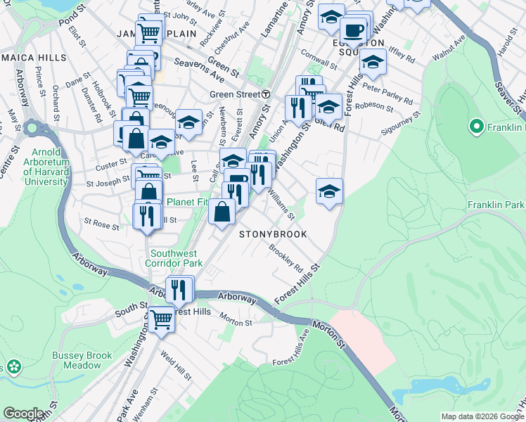 map of restaurants, bars, coffee shops, grocery stores, and more near 3502 Washington Street in Boston