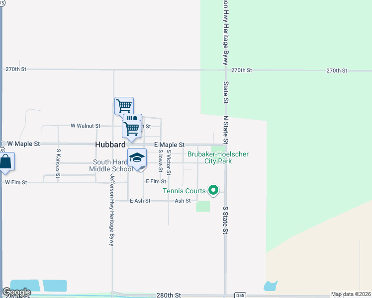 map of restaurants, bars, coffee shops, grocery stores, and more near 601 East Maple Street in Hubbard