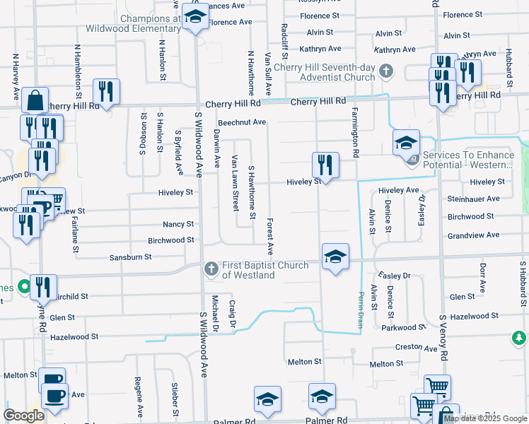 map of restaurants, bars, coffee shops, grocery stores, and more near 643 Forest Street in Westland
