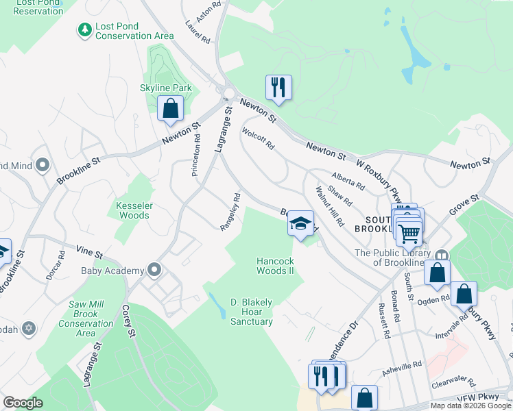 map of restaurants, bars, coffee shops, grocery stores, and more near 86 Beverly Road in Brookline