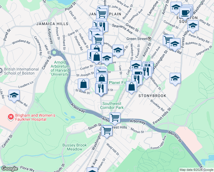 map of restaurants, bars, coffee shops, grocery stores, and more near 17 Boynton Street in Boston