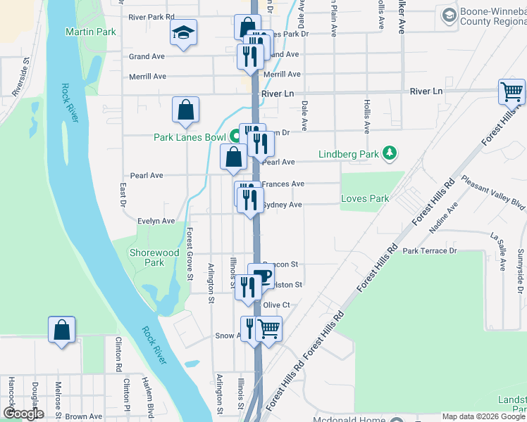 map of restaurants, bars, coffee shops, grocery stores, and more near 5114 North 2nd Street in Loves Park