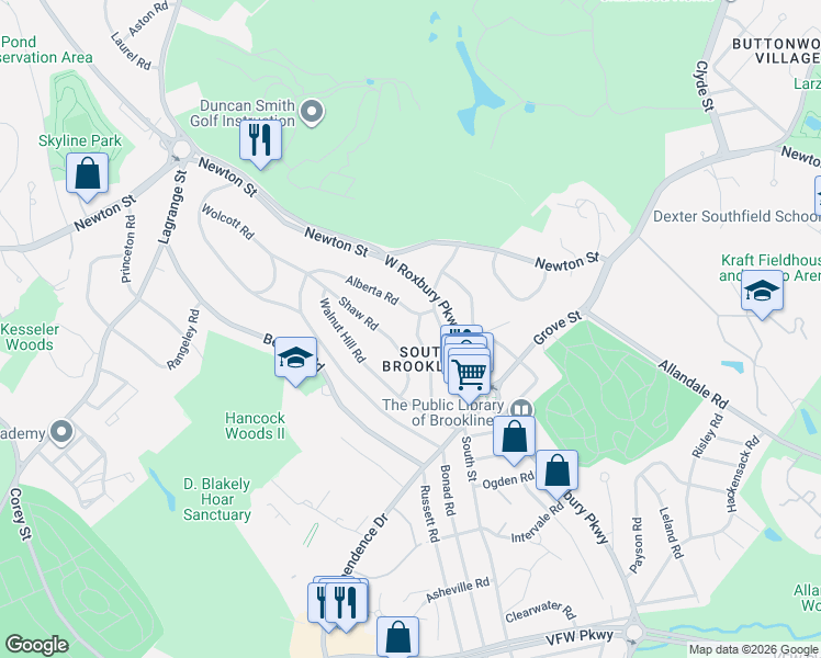 map of restaurants, bars, coffee shops, grocery stores, and more near 76 Goodnough Road in Brookline