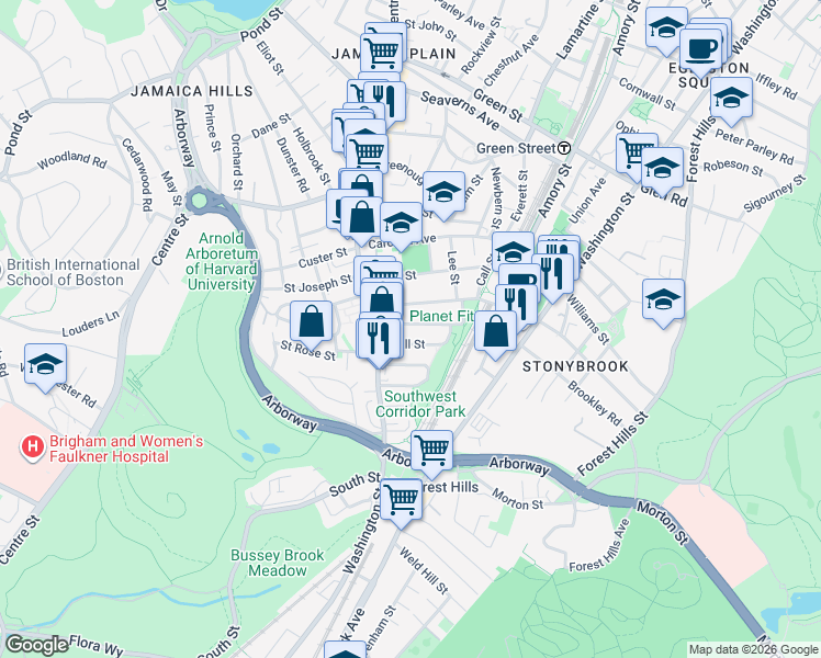map of restaurants, bars, coffee shops, grocery stores, and more near 47 McBride Street in Boston