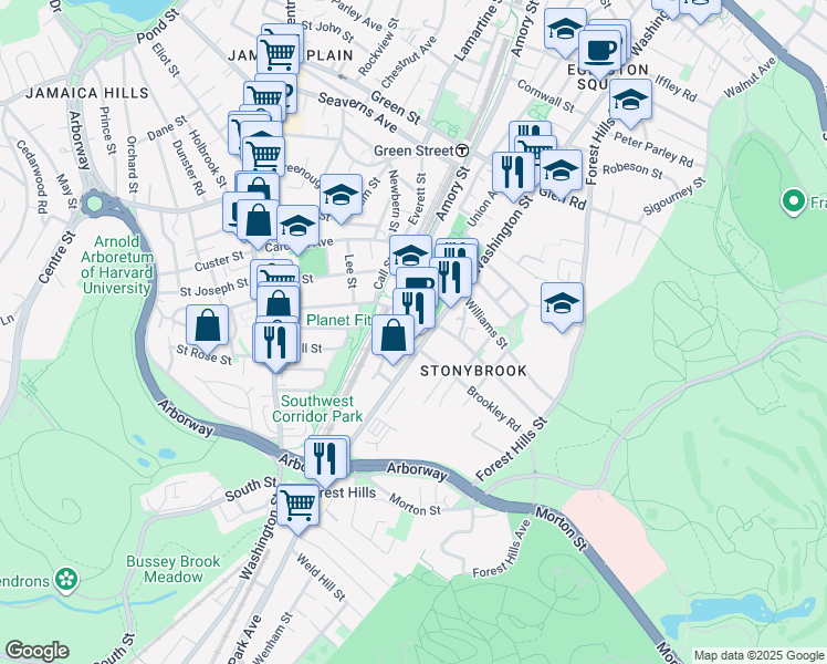 map of restaurants, bars, coffee shops, grocery stores, and more near 144 McBride Street in Boston