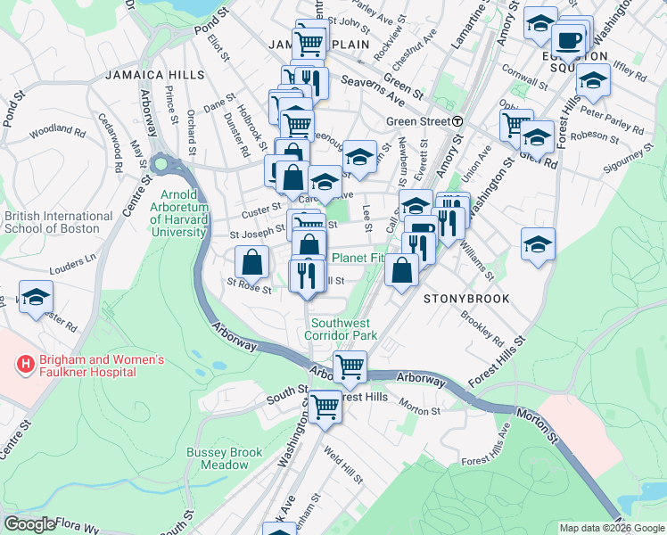 map of restaurants, bars, coffee shops, grocery stores, and more near 47 McBride Street in Boston