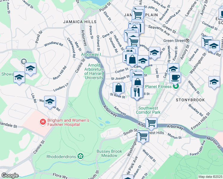 map of restaurants, bars, coffee shops, grocery stores, and more near 39 Jamaica Street in Boston