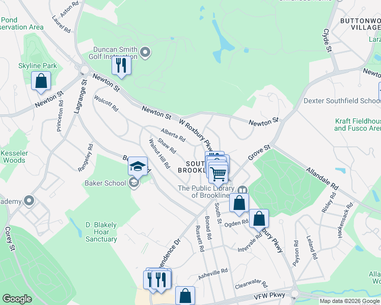 map of restaurants, bars, coffee shops, grocery stores, and more near 15 Alberta Road in Brookline