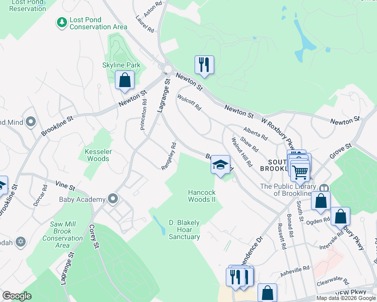 map of restaurants, bars, coffee shops, grocery stores, and more near 86 Beverly Road in Brookline