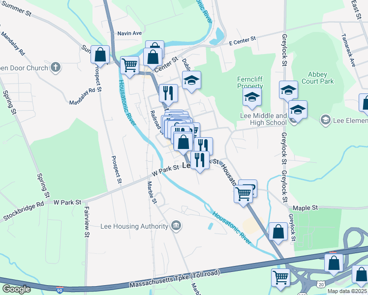 map of restaurants, bars, coffee shops, grocery stores, and more near 78 Main Street in Lee