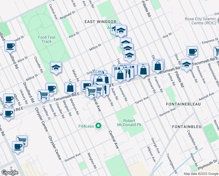 map of restaurants, bars, coffee shops, grocery stores, and more near 3900 Tecumseh Road East in Windsor