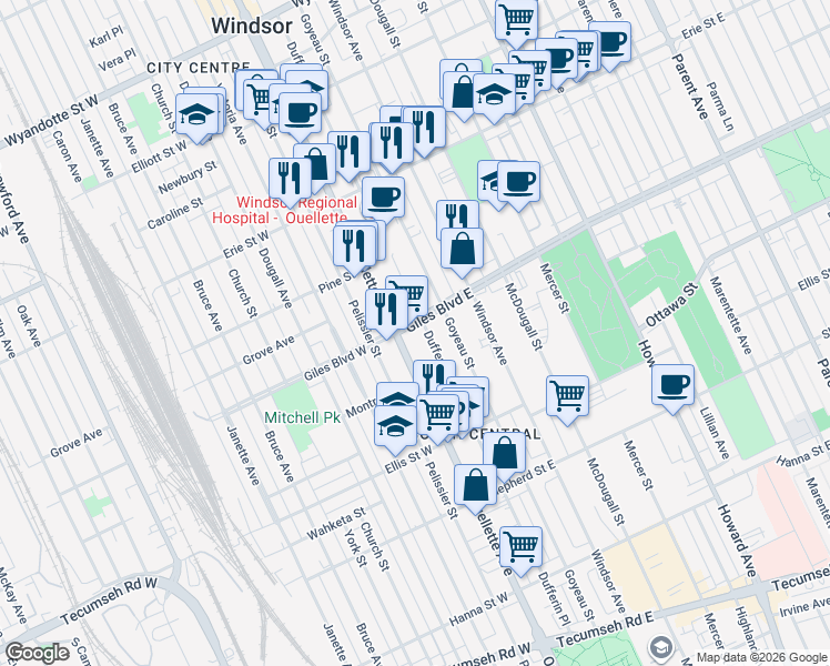 map of restaurants, bars, coffee shops, grocery stores, and more near in Windsor