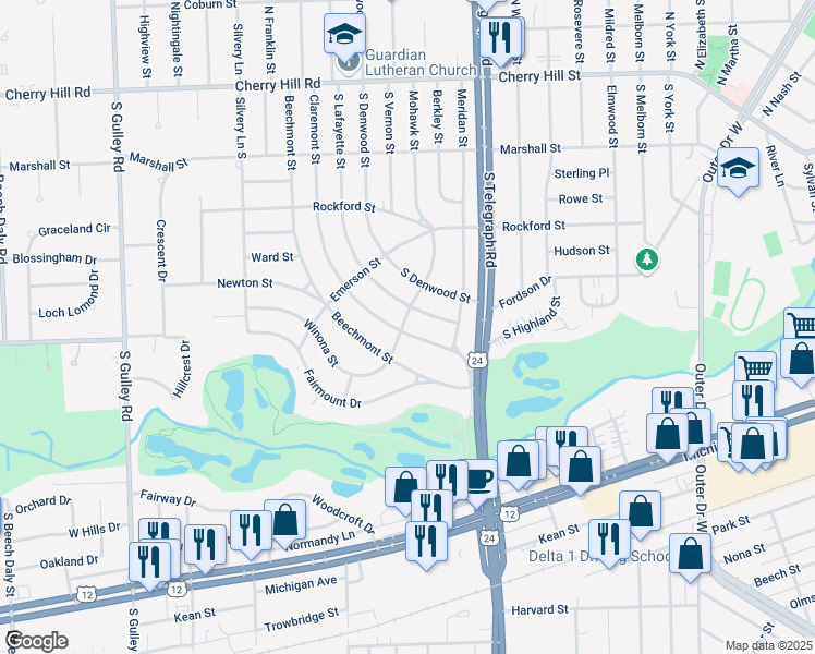 map of restaurants, bars, coffee shops, grocery stores, and more near 830 South Lafayette Street in Dearborn