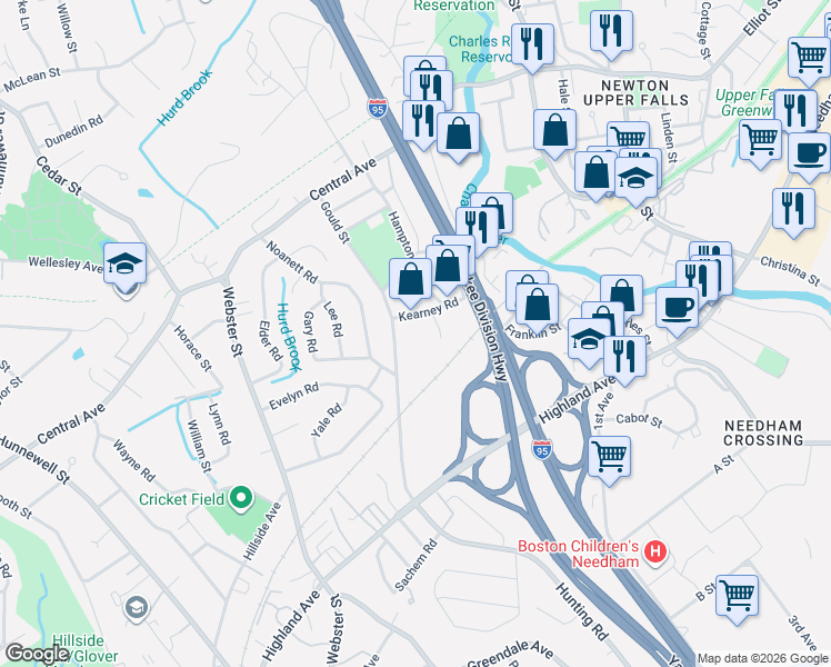map of restaurants, bars, coffee shops, grocery stores, and more near 140 Gould Street in Needham