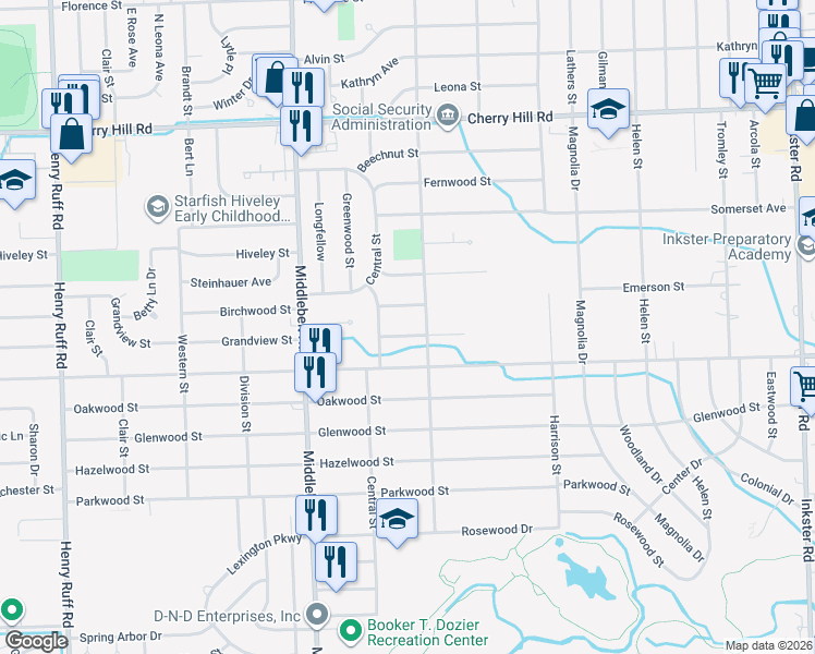 map of restaurants, bars, coffee shops, grocery stores, and more near 28960 Birchwood in Inkster