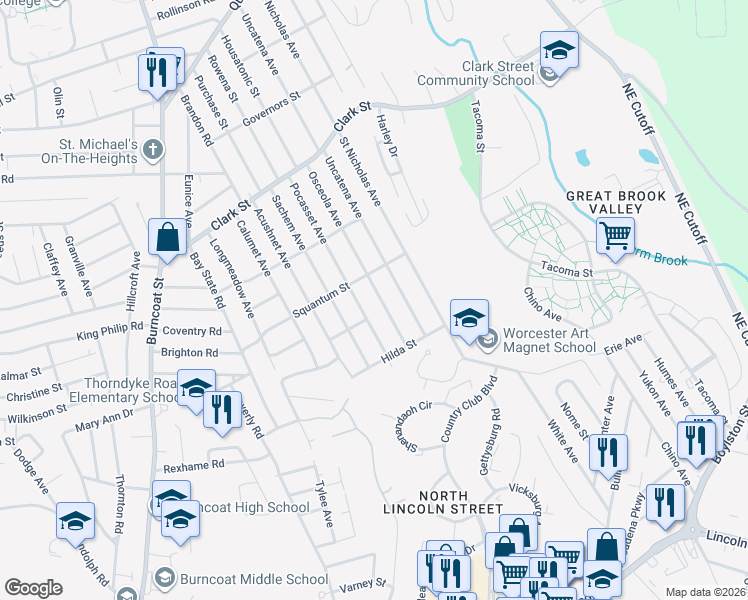 map of restaurants, bars, coffee shops, grocery stores, and more near 152 Uncatena Avenue in Worcester