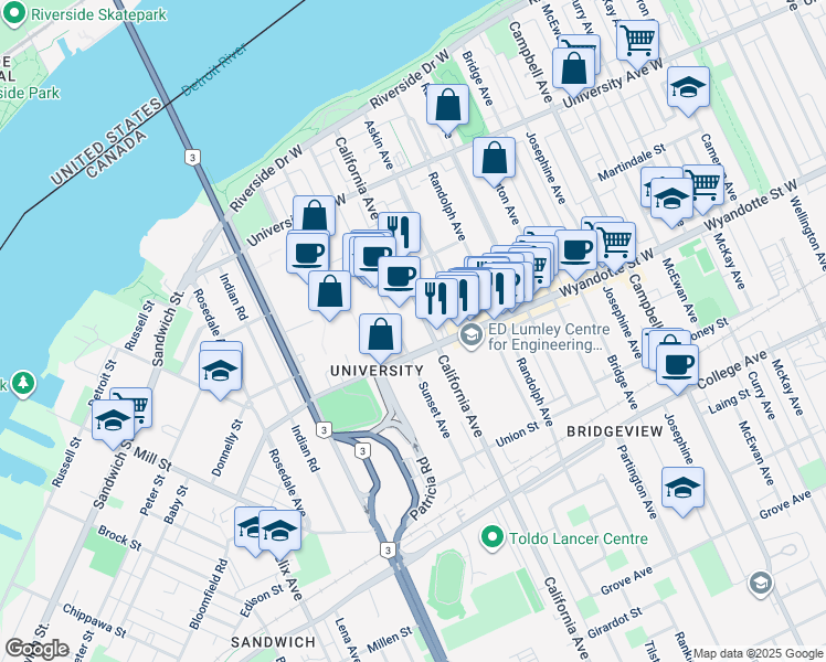 map of restaurants, bars, coffee shops, grocery stores, and more near 401 Sunset Avenue in Windsor