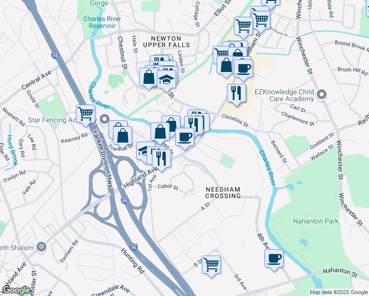 map of restaurants, bars, coffee shops, grocery stores, and more near 123 Highland Avenue in Needham