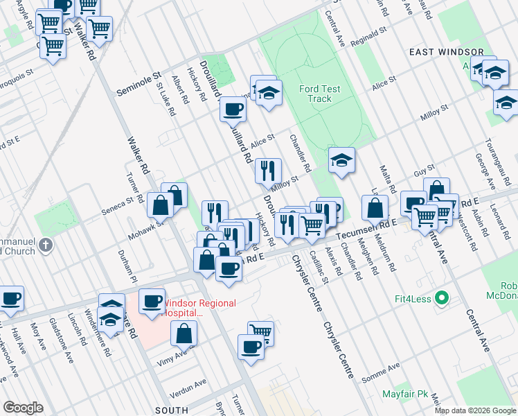 map of restaurants, bars, coffee shops, grocery stores, and more near 1794 Milloy Street in Windsor