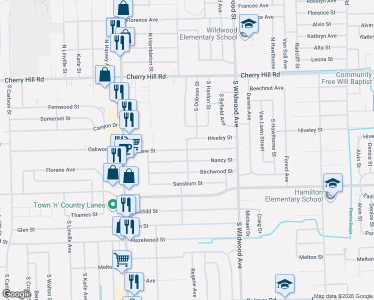 map of restaurants, bars, coffee shops, grocery stores, and more near South Christine in Westland