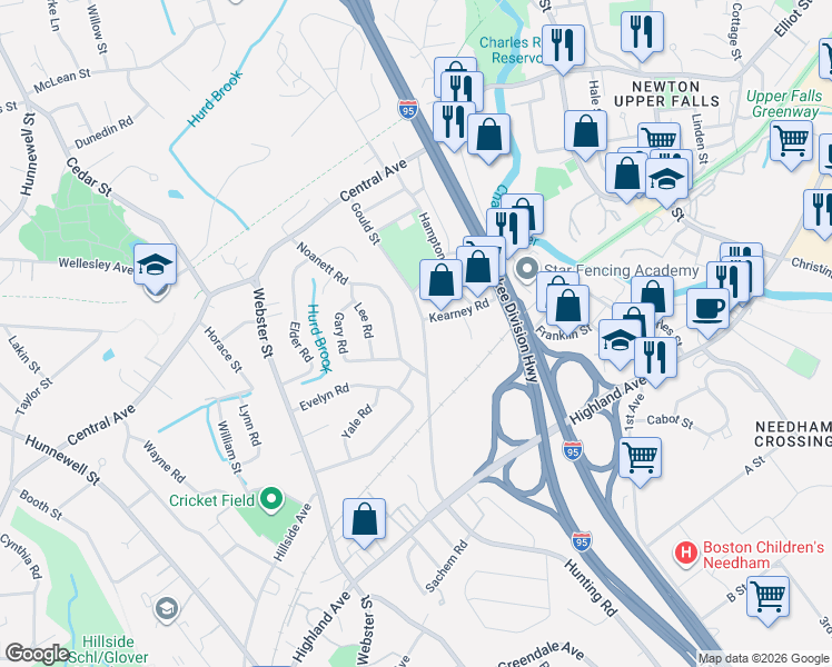 map of restaurants, bars, coffee shops, grocery stores, and more near 107 Gould Street in Needham