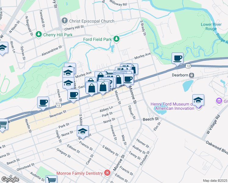 map of restaurants, bars, coffee shops, grocery stores, and more near 22074 Michigan Avenue in Dearborn