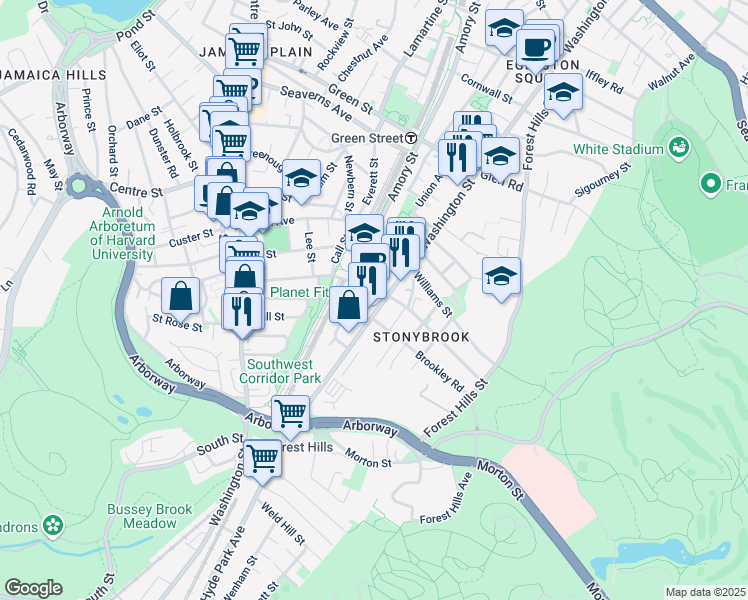 map of restaurants, bars, coffee shops, grocery stores, and more near 144 McBride Street in Boston