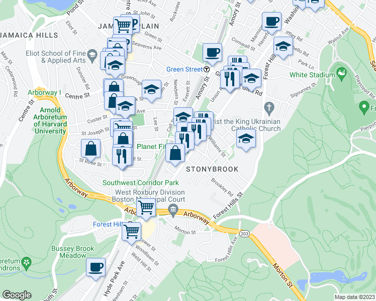 map of restaurants, bars, coffee shops, grocery stores, and more near 144 McBride Street in Boston