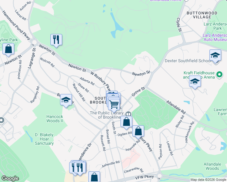 map of restaurants, bars, coffee shops, grocery stores, and more near 1075 West Roxbury Parkway in Brookline