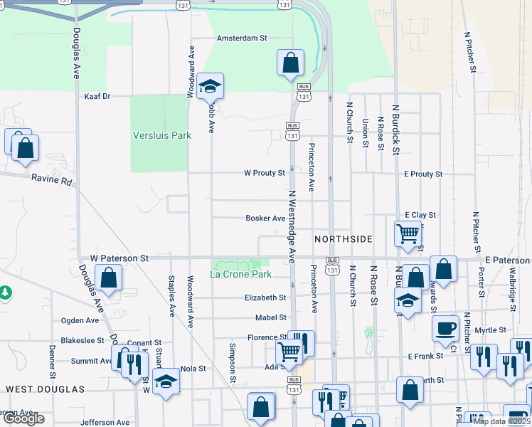 map of restaurants, bars, coffee shops, grocery stores, and more near 534 Lulu Street in Kalamazoo