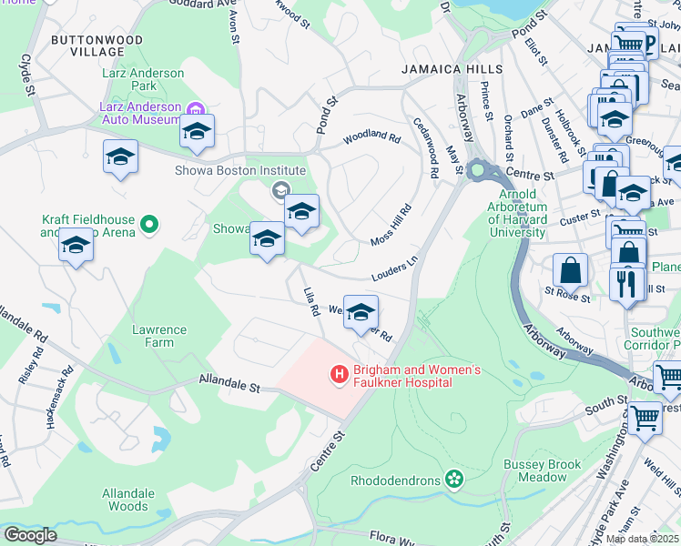 map of restaurants, bars, coffee shops, grocery stores, and more near 55 Louders Lane in Boston